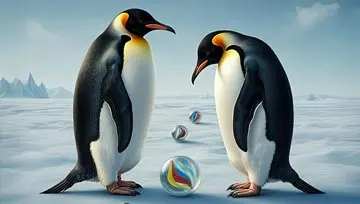 two penguins standing next to colorful balls