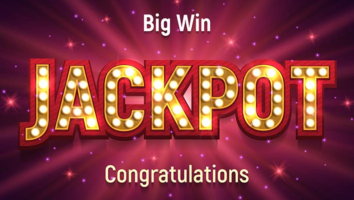 Big Win Jackpot Congratulations sign in with lights and sparkles on a dark red background