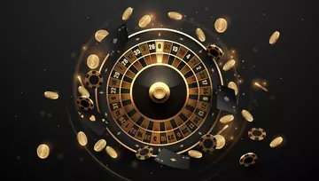 gold and black roulette wheel with chips flying all around 