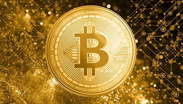 a bitcoin with a golden technological background