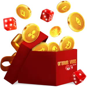 Present box with gold bow with casino chips and dice spilling out 