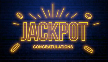 The words Jackpot Congratulations written in yellow neon on a blue brick background