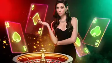 woman standing next to a roulette wheel holding a playing card with other playing cards floating in the background  