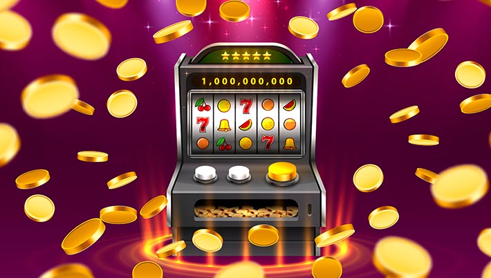 slot machine with gold coins floating around on a purple background