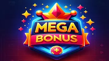 a fun Mega Bonus sign featuring a crown and stars on a red and blue background