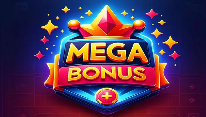 a fun Mega Bonus sign featuring a crown and stars on a red and blue background