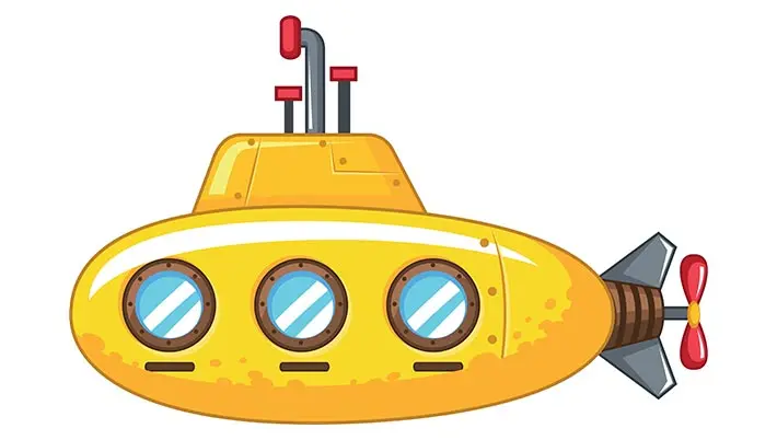 drawing of a cute yellow submarine with three round windows