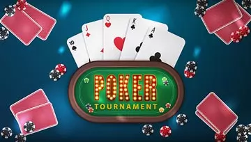 A sign saying Poker Tournament on a background of 5 dealt hands and chips on the table