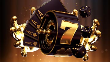 black and gold casino slot machine, cards, and dice floating on a black background
