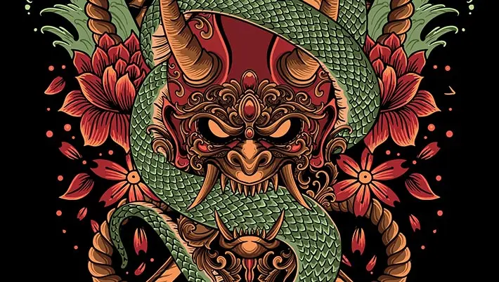 samurai masks with a snake intertwined on a black background 