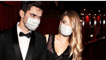couple dressed up for a fancy night out on the town wearing face masks