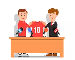 an illustration of two men at a table with microphones holding up a sport jersey with a 10 on it.