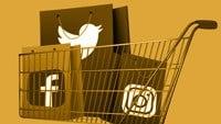 a shopping cart with logos from social medias inside - fb, twitter, instagram