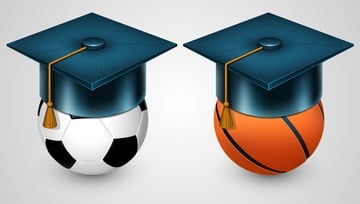 a soccer ball and a basketball ball with graduation caps on
