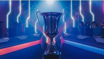 winning cup on a cyber background with two opposing teams on either side