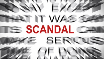 black faded out words on a white background with the word Scandal clear and in red letters
