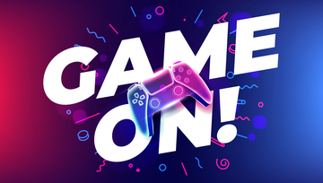 words Game On with a gaming console in neon on a purple background